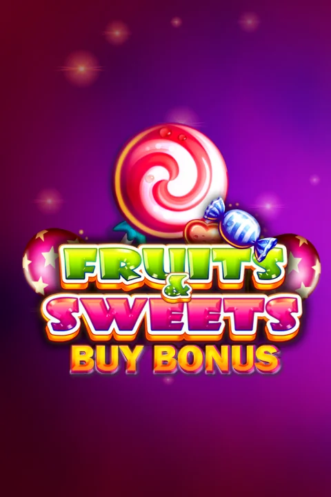 The game logo for Fruits & Sweets Buy Bonus, featuring a large lollipop and other candies against a purple background.